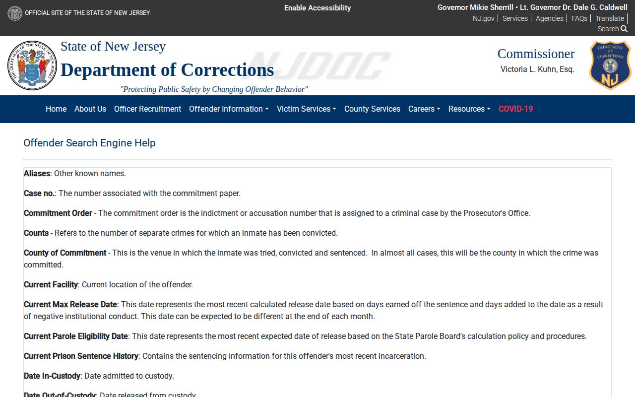 Atlantic County projected release date definitions in the NJDOC field glossary