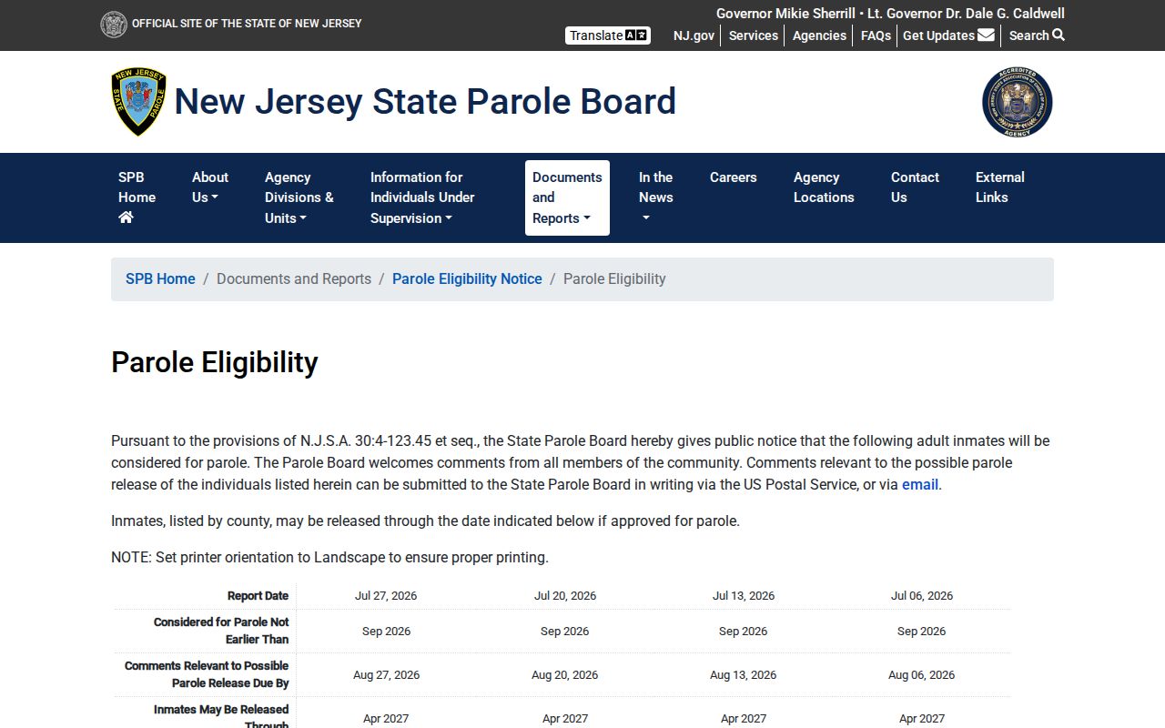 Atlantic County parole eligibility notice source for projected parole review